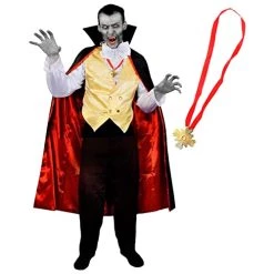ADULTS VAMPIRE COUNT DRACULA FANCY DRESS COSTUME - VAMPIRE FANCY DRESS COSTUME WITH SHIRT/WAISTCOAT, MEDAL, BOWTIE & CAPE - PERFECT VAMPIRE HALLOWEEN COSTUME - AVAILABLE IN 5 SIZES: SMALL, MEDIUM, LARGE, XLARGE, XXLARGE