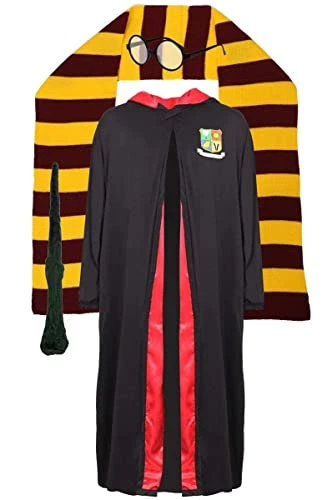 Wizard Fancy Dress Costume For Kids - Black Wizard Cloak + Black Glasses + Branch Wand + Scarf - World Book Day Character Outfit For Girls And Boys 2 Wizard Fancy Dress Costume For Kids - Black Wizard Cloak + Black Glasses + Branch Wand + Scarf - World Book Day Character Outfit For Girls And Boys - Image 2