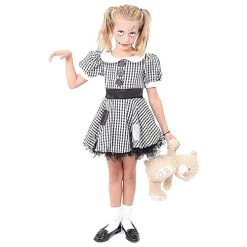 Girls Creepy Doll Fancy Dress Costume - Black And White Checked Dress With Frayed Hem And Patches - Scary Halloween Broken Ragdoll China Doll Costume