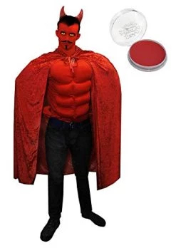 ADULTS DEVIL FANCY DRESS COSTUME PLUS FACEPAINT AND MOUSTACHE - SATAN HALLOWEEN COSTUME WITH RED MUSCLE CHEST, VELOUR CAPE, GOATEE MOUSTACHE, RED FACEPAINT AND DEVIL HORNS - STANDARD SIZE