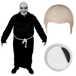 Adults Halloween Festering Uncle Costume - Black Robe With White Belt, Bald Cap And Facepaint - Gothic Family Manor TV And Film Halloween Fancy Dress