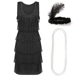 Deluxe Flapper Dress -Ladies Deluxe Flapper Costume With Matching Sequin Headband, And Silver Pearl Necklace - 1920's Party Dress
