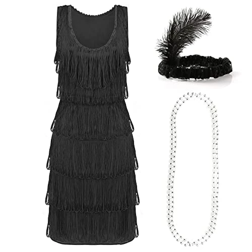 Deluxe Flapper Dress -Ladies Deluxe Flapper Costume With Matching Sequin Headband, And Silver Pearl Necklace - 1920's Party Dress 1 Deluxe Flapper Dress -Ladies Deluxe Flapper Costume With Matching Sequin Headband, And Silver Pearl Necklace - 1920's Party Dress