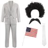 MENS FUNNY JOURNALIST COSTUME - GREY SUIT + WHITE TIE + CURLY BLACK WIG + TASH + AMERICAN HAND-WAVING FLAG - ADULTS TV MOVIE FANCY DRESS COSTUME
