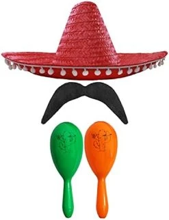 MEXICAN FANCY DRESS ACCESSORY SET - MEXICAN SOMBRERO WITH MARACAS AND TASH BLACK POM POM SOMBRERO + 2X RED MARACAS -I Love Fancy Dress Ltd Shop 41neaJ79NvS. AC