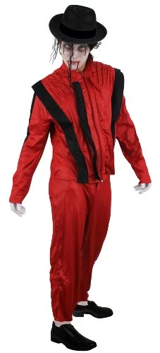 ADULTS DELUXE DEAD JACKO HALLOWEEN FANCY DRESS COSTUME SET MENS ZOMBIE POPSTAR RED THRILLER SUIT + BLACK WIG + BLACK HAT + GLOVE + FAKE BLOOD + FACE PAINT MEDIUM