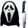 BLOODY KNIFE & SCREAMER DEATH MASK WITH HOOD HALLOWEEN FANCY DRESS ACCESSORY BLOOD STAINED ZOMBIE DEATH PROP