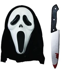 BLOODY KNIFE & SCREAMER DEATH MASK WITH HOOD HALLOWEEN FANCY DRESS ACCESSORY BLOOD STAINED ZOMBIE DEATH PROP