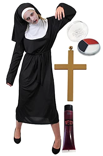 ZOMBIE NUN COSTUME FOR LADIES + GOLD CROSS, FAKE BLOOD AND FACEPAINT PERFECT FOR HALLOWEEN, ZOMBIE FANCY DRESS - EXTRA LARGE 1 ZOMBIE NUN COSTUME FOR LADIES + GOLD CROSS, FAKE BLOOD AND FACEPAINT PERFECT FOR HALLOWEEN, ZOMBIE FANCY DRESS - EXTRA LARGE