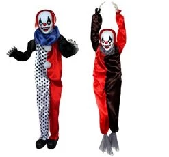 ILOVEFANCYDRESS KILLER CLOWN HALLOWEEN DECORATIONS - SCARY 3 FOOT TALL CLOWN PROP WITH COLOUR CHANGING LIGHT UP EYES PLUS HANGABLE CLOWN WITH RED FLASHING EYES, MOTORISED LEGS AND CIRCUS MUSIC SFX