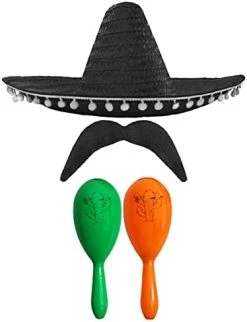 MEXICAN FANCY DRESS ACCESSORY SET - MEXICAN SOMBRERO WITH MARACAS AND TASH BLACK POM POM SOMBRERO + 2X RED MARACAS -I Love Fancy Dress Ltd Shop 41uI7fkHQfS. AC