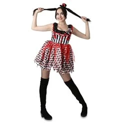 Ladies Halloween Clown Fancy Dress Costume - Scary Evil Killer Clown Fancy Dress Outfit With Stripe & Harlequin Print And Miniature Fascinator Hat On Headband