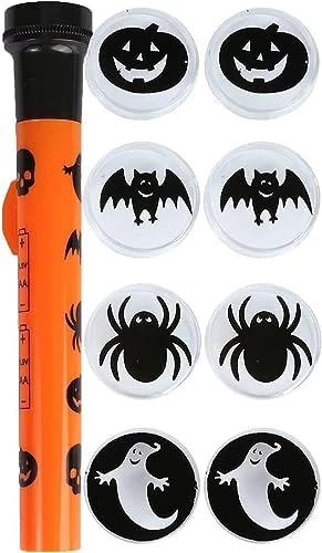 HALLOWEEN PROJECTOR TORCH - PACK OF 1 - ORANGE AND BLACK TORCH DECORATED WITH HALLOWEEN SYMBOLS + 5 SPOOKY CHARACTER CAPS - FUN HALLOWEEN PARTY PROP 4 HALLOWEEN PROJECTOR TORCH - PACK OF 1 - ORANGE AND BLACK TORCH DECORATED WITH HALLOWEEN SYMBOLS + 5 SPOOKY CHARACTER CAPS - FUN HALLOWEEN PARTY PROP - Image 4