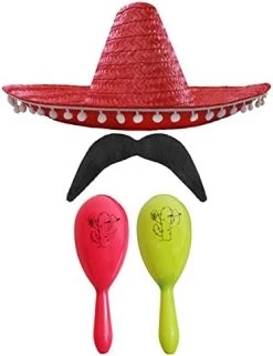 MEXICAN FANCY DRESS ACCESSORY SET - MEXICAN SOMBRERO WITH MARACAS AND TASH BLACK POM POM SOMBRERO + 2X RED MARACAS -I Love Fancy Dress Ltd Shop 41zIM LUwqS. AC