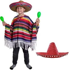 CHILD HEAVY MEXICAN PONCHO AND CHILD RED SOMBRERO - CHILDS MEXICAN BOY FANCY DRESS COSTUME PONCHO + LARGE RED SOMBRERO WILD WEST BANDIT KID