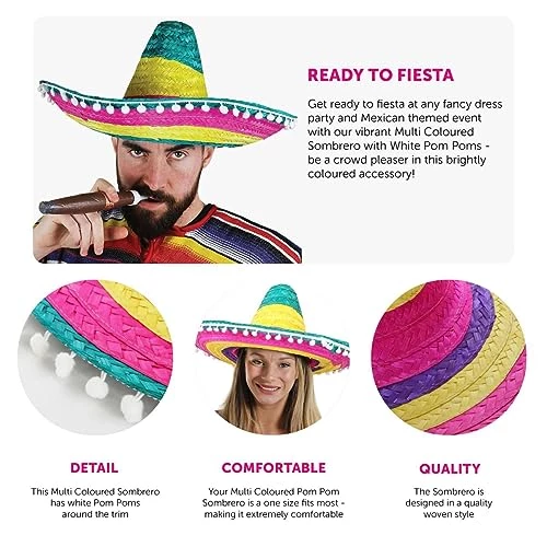 I LOVE FANCY DRESS Adults Multicoloured Mexican Sombreros - Green/Yellow/Pink Striped Straw Hat With Pom Pom Trimming For Mens And Women 2 I LOVE FANCY DRESS Adults Multicoloured Mexican Sombreros - Green/Yellow/Pink Striped Straw Hat With Pom Pom Trimming For Mens And Women - Image 2