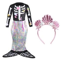 Girls Skeleton Mermaid Halloween Costume - Black Skeleton Dress With Mermaid Tail Skirt And Pink Shell Headband - Kids Halloween Trick Or Treat Fancy Dress Costume -I Love Fancy Dress Ltd Shop 5111xw9ptyL