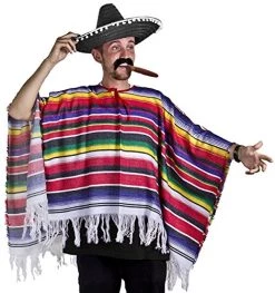 MEXICAN PONCHO SOMBRERO & TASH WESTERN FANCY DRESS COSTUME MENS LADIES ONE SIZE S-XL