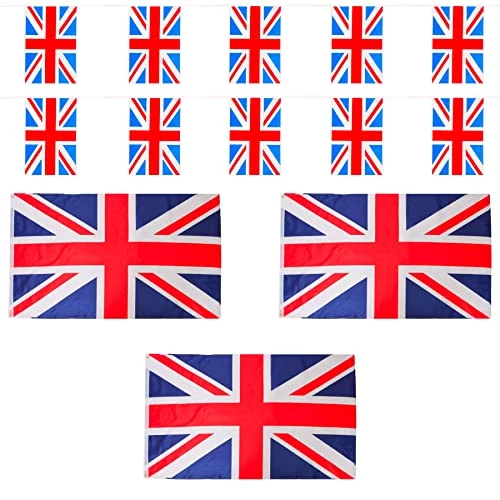 I LOVE FANCY DRESS Union Jack Flag Bunting & Large Union Jack Flag - British Flag Bunting, Union Jack Large Flags 5FT X 3FT, British Hats – VE Day, Queens Jubilee, Britain Celebrations – Pack Of 3 1 I LOVE FANCY DRESS Union Jack Flag Bunting & Large Union Jack Flag - British Flag Bunting, Union Jack Large Flags 5FT X 3FT, British Hats – VE Day, Queens Jubilee, Britain Celebrations – Pack Of 3