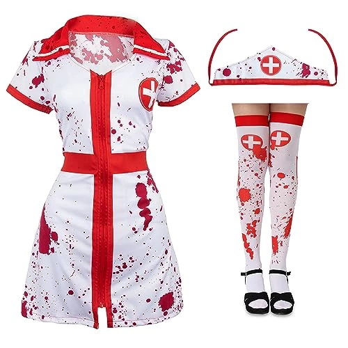 LADIES ZOMBIE NURSE HALLOWEEN FANCY DRESS COSTUME - NURSE DRESS WITH HAT + BLOODY STOCKINGS - BLOODY HALLOWEEN FANCY DRESS COSTUME 1 LADIES ZOMBIE NURSE HALLOWEEN FANCY DRESS COSTUME - NURSE DRESS WITH HAT + BLOODY STOCKINGS - BLOODY HALLOWEEN FANCY DRESS COSTUME