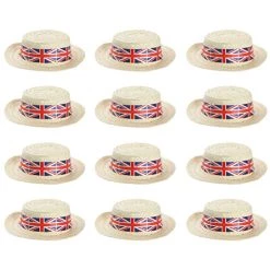 Union Jack Boater Hats - Straw Boater Hats With Union Jack Flag Band - King's Coronation, VE Day, Jubilee Events, Street Party Fancy Dress Accessory
