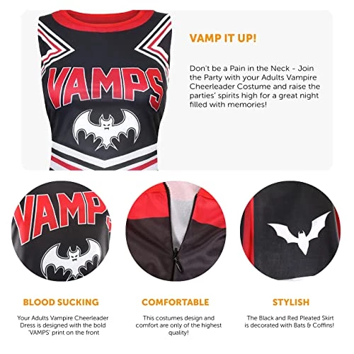 Ladies Halloween Vampire Cheerleader - XX-Large - Black & Red Cheerleader Dress, Black Pompoms And Black & White Sport Socks - Adults Cheer Captain Halloween Trick Or Treat Fancy Dress Costume 2 Ladies Halloween Vampire Cheerleader - XX-Large - Black & Red Cheerleader Dress, Black Pompoms And Black & White Sport Socks - Adults Cheer Captain Halloween Trick Or Treat Fancy Dress Costume - Image 2