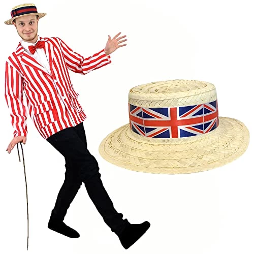 Adults Jubilee Costume - Red & White Striped Blazer + Boater Hat With Union Jack Flag Band - Mens Jubilee Street Party Fancy Dress Costume -I Love Fancy Dress Ltd Shop