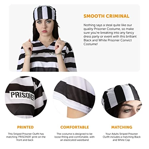 Adults Prisoner Costume - Mens Womens Convict Fancy Dress - Black & White Striped Top, Matching Trousers & Hat - Unisex TV & Film/Halloween Dress Up 6 Adults Prisoner Costume - Mens Womens Convict Fancy Dress - Black & White Striped Top, Matching Trousers & Hat - Unisex TV & Film/Halloween Dress Up - Image 6