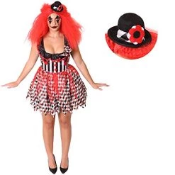 LADIES DELUXE SCARY EVIL KILLER CLOWN HALLOWEEN COSTUME. WOMENS HALLOWEEN HARLEQUIN CLOWN FANCY DRESS COSTUME WITH MINIATURE FASCINATOR HAT ON HEADBAND. SIZE: SMALL
