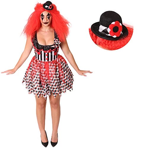 LADIES DELUXE SCARY EVIL KILLER CLOWN HALLOWEEN COSTUME. WOMENS HALLOWEEN HARLEQUIN CLOWN FANCY DRESS COSTUME WITH MINIATURE FASCINATOR HAT ON HEADBAND. SIZE: SMALL 1 LADIES DELUXE SCARY EVIL KILLER CLOWN HALLOWEEN COSTUME. WOMENS HALLOWEEN HARLEQUIN CLOWN FANCY DRESS COSTUME WITH MINIATURE FASCINATOR HAT ON HEADBAND. SIZE: SMALL