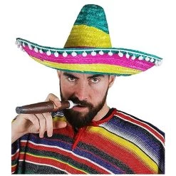 I LOVE FANCY DRESS Adults Multicoloured Mexican Sombreros - Green/Yellow/Pink Striped Straw Hat With Pom Pom Trimming For Mens And Women 11 I LOVE FANCY DRESS Adults Multicoloured Mexican Sombreros - Green/Yellow/Pink Striped Straw Hat With Pom Pom Trimming For Mens And Women -I Love Fancy Dress Ltd Shop 51HX3rGRXNL