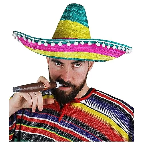 I LOVE FANCY DRESS Adults Multicoloured Mexican Sombreros - Green/Yellow/Pink Striped Straw Hat With Pom Pom Trimming For Mens And Women 6 I LOVE FANCY DRESS Adults Multicoloured Mexican Sombreros - Green/Yellow/Pink Striped Straw Hat With Pom Pom Trimming For Mens And Women - Image 6