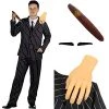 Adults Halloween Gothic Husband Costume - Medium - Black Pinstripe Suit, Fake Hand Prop, Fake Cigar And Moustache - Mens TV Film Halloween Fancy Dress Costume