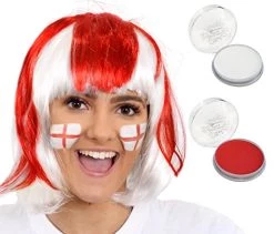 ST GEORGE'S DAY FANCY DRESS SET - WHITE AND RED BOB WIG - ENGLAND FLAG WIG WITH FACEPAINT - ST GEORGE'S CROSS WIG WITH WHITE FACEPAINT AND RED FACEPAINT