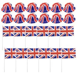 I LOVE FANCY DRESS LTD ADULTS UNION JACK ACCESSORIES - 12X BOWLER HAT + 10X UNION JACK HAND WAVING FLAGS - PLASTIC UNION JACK BOWLER HAT AND FABRIC BRITISH HAND WAVING FLAG