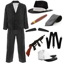 Adults Deluxe Gangster Costume – Small - Black And White Gangster Pinstripe Suit Jacket And Trousers, Black Fedora, Inflatable Tommy Gun, Braces, Fake Cigar, Spats Shoe Covers, Spiv Tash, Black Tie – 1920's Fancy Dress Costume