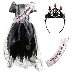 Girls Zombie Prom Queen Halloween Costume - Gothic Fancy Dress Costume Grey & Black Prom Dress, Black Crown & Prom Queen Sash