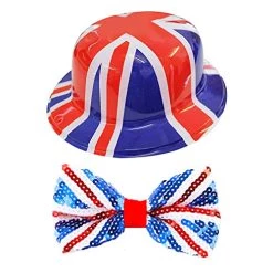 Union Jack Accessory Set - Plastic Union Jack Bowler Hat + Union Jack Sequin Bowtie - Kings Coronation Street Party Fancy Dress Costume Accessory Set