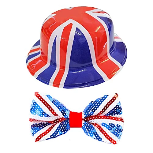 Union Jack Accessory Set - Plastic Union Jack Bowler Hat + Union Jack Sequin Bowtie - Kings Coronation Street Party Fancy Dress Costume Accessory Set -I Love Fancy Dress Ltd Shop 51LIg9Ym8L