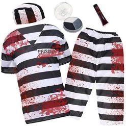 ADULTS ZOMBIE COSTUME - HALLOWEEN PRISONER FANCY DRESS OUTFIT - UNISEX BLACK & WHITE PRINTED TOP + TROUSERS, BLACK, WHITE AND GREY FACEPAINT & FAKE BLOOD