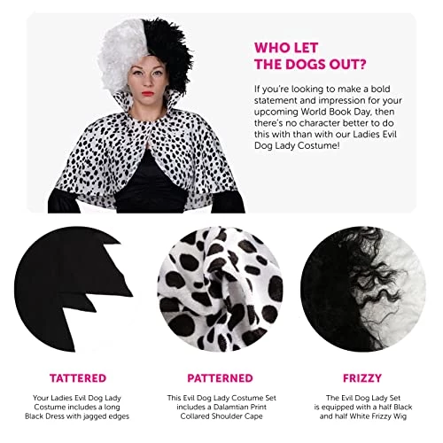 Adults Evil Dog Lady Dalmatian Print Fancy Dress Costume - Long Black Dress, Dalmatian Print Cape & Wig - Perfect For Halloween Or World Book Day Fancy Dress 2 Adults Evil Dog Lady Dalmatian Print Fancy Dress Costume - Long Black Dress, Dalmatian Print Cape & Wig - Perfect For Halloween Or World Book Day Fancy Dress - Image 2