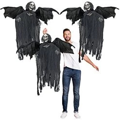 I LOVE FANCY DRESS Grim Reaper Halloween Prop Animated Decoration With Wings - Red Light Up Eyes & Sound Effects - Eerie Reaper With Motorised Wings And Head - Halloween Props - Pack Of 3