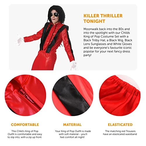 Childs King Of POP Costume Fancy Dress - Red Thriller Jacket + Trousers, Black Wig, Black Hat, Sunglasses & White Gloves - Superstar Outfit Jacko Popstar Halloween 2 Childs King Of POP Costume Fancy Dress - Red Thriller Jacket + Trousers, Black Wig, Black Hat, Sunglasses & White Gloves - Superstar Outfit Jacko Popstar Halloween - Image 2