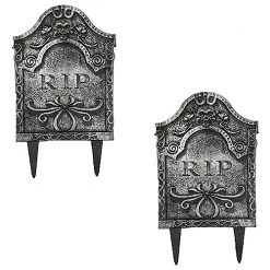 I LOVE FANCY DRESS TOMBSTONE SIGN PROP - PACK OF 2 - GREY PLASTIC HEADSTONE WITH RIP TEXT - SPOOKY HALLOWEEN PARTY DECORATION