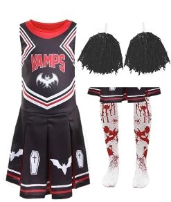 Girls Halloween Vampire Cheerleader Costume - Black Dress With Pom Poms And Tights - Kids Trick Or Treat Fancy Dress