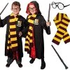 Wizard Fancy Dress Costume For Kids - Black Wizard Cloak + Black Glasses + Branch Wand + Scarf - World Book Day Character Outfit For Girls And Boys