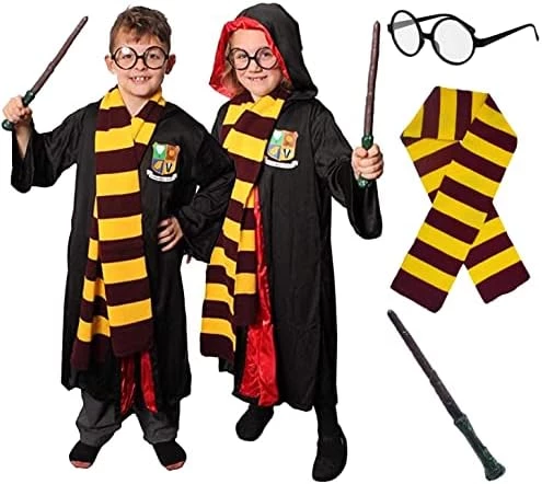 Wizard Fancy Dress Costume For Kids - Black Wizard Cloak + Black Glasses + Branch Wand + Scarf - World Book Day Character Outfit For Girls And Boys 8 Wizard Fancy Dress Costume For Kids - Black Wizard Cloak + Black Glasses + Branch Wand + Scarf - World Book Day Character Outfit For Girls And Boys - Image 8