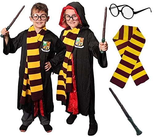 Wizard Fancy Dress Costume For Kids - Black Wizard Cloak + Black Glasses + Branch Wand + Scarf - World Book Day Character Outfit For Girls And Boys 1 Wizard Fancy Dress Costume For Kids - Black Wizard Cloak + Black Glasses + Branch Wand + Scarf - World Book Day Character Outfit For Girls And Boys