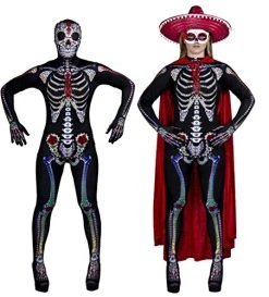 ILOVEFANCYDRESS WOMEN'S DAY OF THE DEAD COSTUME - LADIES HALLOWEEN SUGAR SKELETON CATSUIT RED VELOUR CAPE & MASQUERADE MASK + RED SOMBRERO (UK 6-10)