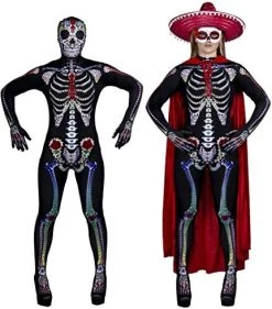 ILOVEFANCYDRESS WOMEN'S DAY OF THE DEAD COSTUME - LADIES HALLOWEEN SUGAR SKELETON CATSUIT RED VELOUR CAPE & MASQUERADE MASK + RED SOMBRERO (UK 6-10) -I Love Fancy Dress Ltd Shop 51UVMLgKRL. AC